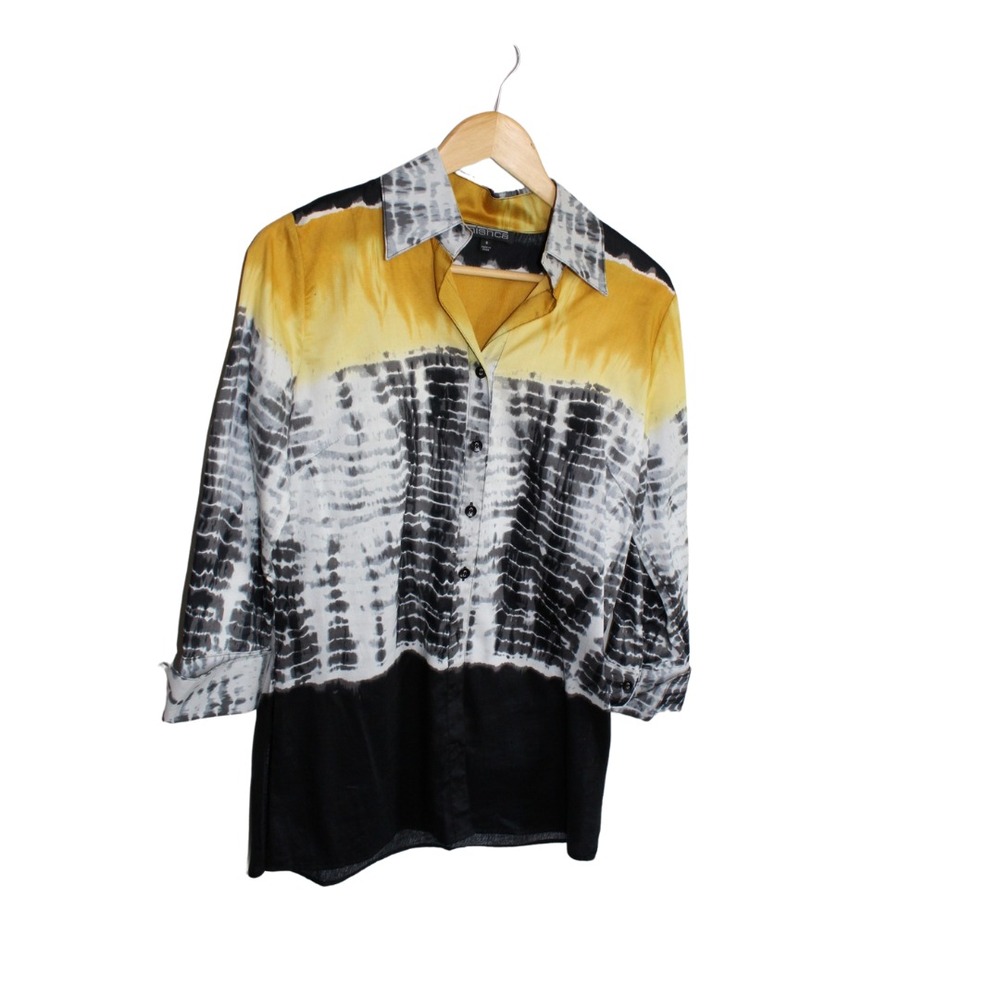Mishca Women's Long Sleeve Button‎ Front Small Blouse Yellow Black Gray White